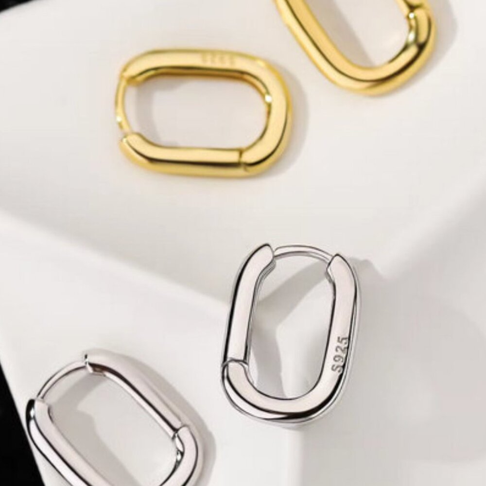 Rounded Rectangle Huggie Earrings in Gold & silver. 925 Sterling Silver #1068